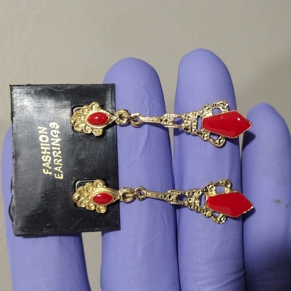 Women's Stylish Gold-tone Filigree Red Color Stone Drop Dangle Earrings - 1.75" - Picture 4 of 6